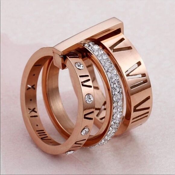 New Rose Gold Roman Trinity Band Ring - Picture 5 of 8